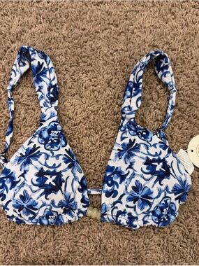 Blue & White Floral Triangle Bikini Top